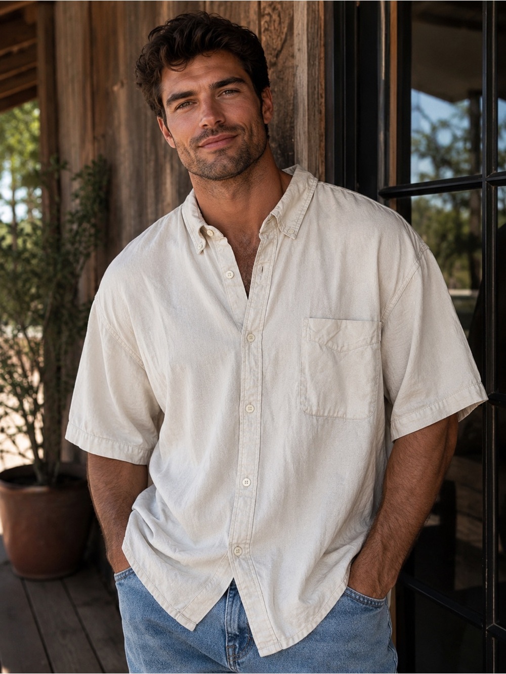 Faded Glory Off-White Short Sleeve Button-Down Shirt